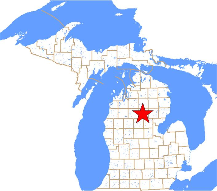 Map of Michigan with South Branch Township starred